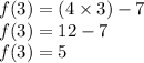 f(3)=(4\times 3)-7\\f(3)=12-7\\f(3)=5
