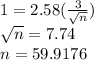 1=2.58(\frac{3}{\sqrt{n} } )\\\sqrt{n} =7.74\\n=59.9176