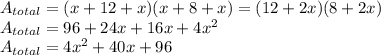 A_{total}=(x+12+x)(x+8+x)=(12+2x)(8+2x)\\A_{total}=96+24x+16x+4x^{2} \\A_{total}=4x^{2}+40x+96