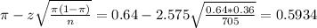 \pi - z\sqrt{\frac{\pi(1-\pi)}{n}} = 0.64 - 2.575\sqrt{\frac{0.64*0.36}{705}} = 0.5934