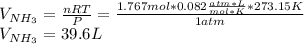 V_{NH_3}=\frac{nRT}{P}=\frac{1.767mol*0.082 \frac{atm*L}{mol*K} *273.15K}{1atm}\\V_{NH_3}=39.6L