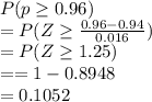 P(p\geq 0.96)\\=P(Z\geq \frac{0.96-0.94}{0.016})\\=P(Z\geq 1.25)\\==1-0.8948\\=0.1052