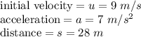 \textrm{initial velocity} = u = 9\ m/s\\\textrm{acceleration} = a = 7\ m/s^{2}\\\textrm{distance} = s = 28\ m