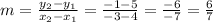 m = \frac {y_ {2} -y_ {1}} {x_ {2} -x_ {1}} = \frac {-1-5} {- 3-4} = \frac {-6} {- 7} = \frac {6} {7}