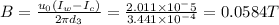 B=\frac{u_{0}(I_w-I_c)}{2\pi d_3 } =\frac{2.011\times10^-5}{3.441\times10^{-4}} =0.0584 T