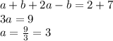 a+b+2a-b=2+7\\ 3a=9\\a=\frac{9}{3}=3