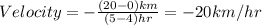 Velocity=-\frac{(20-0)km}{(5-4)hr}=-20km/hr