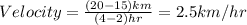 Velocity=\frac{(20-15)km}{(4-2)hr}=2.5km/hr