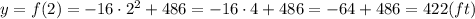 y=f(2)=-16\cdot 2^2+486=-16\cdot4+486=-64+486=422 (ft)