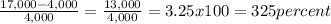 \frac{17,000-4,000}{4,000}=\frac{13,000}{4,000}=3.25x100=325percent