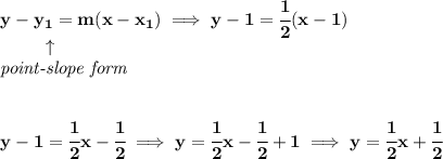 \bf y-{{ y_1}}={{ m}}(x-{{ x_1}})\implies y-1=\cfrac{1}{2}(x-1)\\&#10;\left. \qquad   \right. \uparrow\\&#10;\textit{point-slope form}&#10;\\\\\\&#10;y-1=\cfrac{1}{2}x-\cfrac{1}{2}\implies y=\cfrac{1}{2}x-\cfrac{1}{2}+1\implies y=\cfrac{1}{2}x+\cfrac{1}{2}