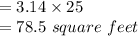 = 3.14\times 25\\= 78.5\ square\ feet