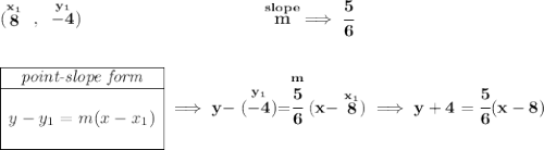 \bf (\stackrel{x_1}{8}~,~\stackrel{y_1}{-4})~\hspace{10em} \stackrel{slope}{m}\implies \cfrac{5}{6} \\\\\\ \begin{array}{|c|ll} \cline{1-1} \textit{point-slope form}\\ \cline{1-1} \\ y-y_1=m(x-x_1) \\\\ \cline{1-1} \end{array}\implies y-\stackrel{y_1}{(-4)}=\stackrel{m}{\cfrac{5}{6}}(x-\stackrel{x_1}{8})\implies y+4=\cfrac{5}{6}(x-8)