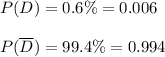 P(D)=0.6\% = 0.006\\\\P(\overline{D})=99.4\% =0.994