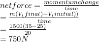 net force=\frac{momentum change}{time}\\ =\frac{m(V_(final)-V_(initial))}{time} \\=\frac{1500(35-25)}{20} \\=750 N