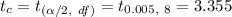 t_c=t_{(\alpha/2,\ df)}=t_{0.005,\ 8}= 3.355