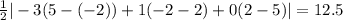 \frac{1}{2} |- 3(5 - (- 2)) + 1(- 2 - 2) + 0(2 - 5)| = 12.5