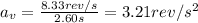 a_v=\frac{8.33 rev/s}{2.60s}=3.21rev/s^2