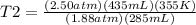 T2=\frac{(2.50atm)(435mL)(355K)}{(1.88atm)(285mL)}