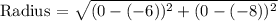 \text {Radius = }\sqrt{(0 - (-6))^2 + (0- (-8))^2}