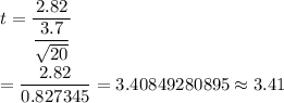 t=\dfrac{2.82}{\dfrac{3.7}{\sqrt{20}}}\\\\=\dfrac{2.82}{0.827345}=3.40849280895\approx3.41