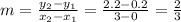 m=\frac{y_2-y_1}{x_2-x_1}=\frac{2.2-0.2}{3-0}=\frac{2}{3}