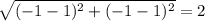 \sqrt{(-1-1)^2+(-1-1)^2}=2