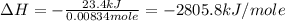 \Delta H=-\frac{23.4kJ}{0.00834mole}=-2805.8kJ/mole