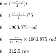 \theta = (\frac{\omega _i + \omega _f}{2} )t\\\\\theta = (\frac{52.37 + 0}{2} )75\\\\\theta = 1963.875 \ rad\\\\\theta = \frac{1 \ rev}{2\pi \ rad} \times 1963.875 \ rad\\\\\theta = 312.5 \ rev