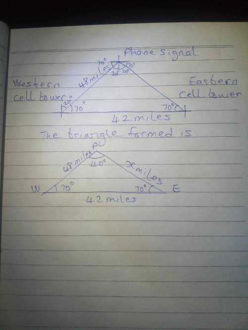 The distance between 2 cell towers is 42 miles. from the western cell tower, a phone signal is 20 de