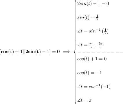 \bf [cos(t)+1][2sin(t)-1]=0\implies &#10;\begin{cases}&#10;2sin(t)-1=0\\\\&#10;sin(t)=\frac{1}{2}\\\\&#10;\measuredangle t=sin^{-1}\left( \frac{1}{2} \right)\\\\&#10;\measuredangle t=\frac{\pi }{6}\ ,\ \frac{5\pi }{6}\\&#10;----------\\&#10;cos(t)+1=0\\\\&#10;cos(t)=-1\\\\&#10;\measuredangle t=cos^{-1}(-1)\\\\&#10;\measuredangle t=\pi &#10;\end{cases}