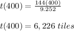 t(400)=\frac{144(400)}{9.252}\\\\t(400)=6,226\ tiles