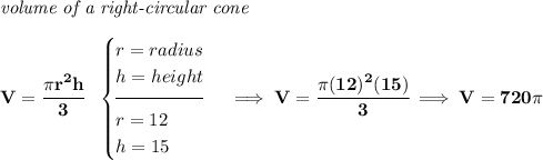 \bf \textit{volume of a right-circular cone}\\\\ V=\cfrac{\pi r^2 h}{3}~~ \begin{cases} r=radius\\ h=height\\[-0.5em] \hrulefill\\ r=12\\ h=15 \end{cases}\implies V=\cfrac{\pi (12)^2(15)}{3}\implies V=720\pi