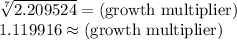\sqrt[7]{2.209524}=\text{(growth multiplier)}\\1.119916\approx \text{(growth multiplier)}
