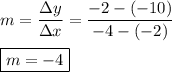 m=\dfrac{\Delta y }{\Delta x } =\dfrac{-2-(-10)}{-4-(-2)} \\\\\boxed{m=-4}