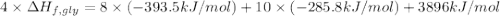 4\times \Delta H_{f,gly}=8\times (-393.5 kJ/mol)+ 10\times (-285.8 kJ/mol)+ 3896 kJ/mol