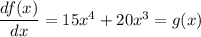 \dfrac{df(x)}{dx} =15x^{4}+20x^{3}=g(x)