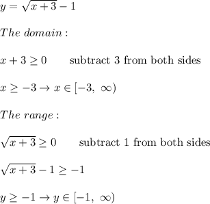 y=\sqrt{x+3}-1\\\\The\ domain:\\\\x+3\geq0\qquad\text{subtract 3 from both sides}\\\\x\geq-3\to x\in[-3,\ \infty)\\\\The\ range:\\\\\sqrt{x+3}\geq0\qquad\text{subtract 1 from both sides}\\\\\sqrt{x+3}-1\geq-1\\\\y\geq-1\to y\in[-1,\ \infty)