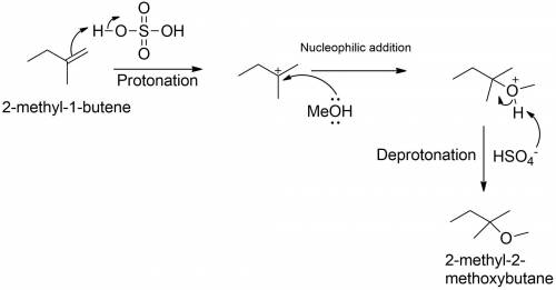 Treating 2-methyl-1-butene with methanol in the presence of sulfuric acid gives 2-methoxy-2-methylbu