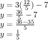 y = 3 (\frac {12} {5}) - 7\\y = \frac {36} {5} -7\\y = \frac {36-35} {5}\\y = \frac {1} {5}