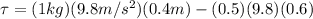 \tau = (1kg)(9.8m/s^2)(0.4m)-(0.5)(9.8)(0.6)