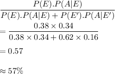 \dfrac{P(E).P(A|E)}{P(E).P(A|E)+P(E').P(A|E')}\\\\=\dfrac{0.38\times 0.34}{0.38\times 0.34+0.62\times 0.16}\\\\=0.57\\\\\approx 57\%