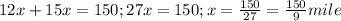 12x+15x=150; 27x=150; x=\frac{150}{27}=\frac{150}{9} mile