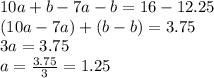 10a+b-7a-b=16-12.25\\(10a-7a)+(b-b)=3.75\\3a=3.75\\a=\frac{3.75}{3}=1.25
