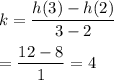 k=\dfrac{h(3)-h(2)}{3-2}\\\\=\dfrac{12-8}{1}=4
