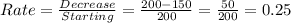 Rate=\frac{Decrease}{Starting}=\frac{200-150}{200}=\frac{50}{200}=0.25