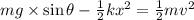 m g \times \sin \theta-\frac{1}{2} k x^{2}=\frac{1}{2} m v^{2}
