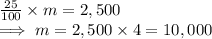\frac{25}{100} \times m = 2,500\\ \implies  m = 2,500 \times 4 = 10,000