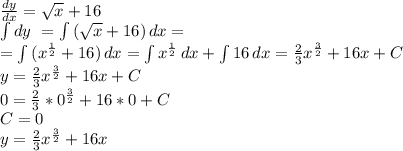 \frac{dy}{dx} = \sqrt{x} + 16\\ \int\limits {dy} \ =\int\limits { (\sqrt{x} + 16)} \, dx =\\=\int\limits { (x^{\frac{1}{2} } + 16)} \, dx=\int\limits {x^{\frac{1}{2} } } \, dx +\int\limits{16} \, dx = \frac{2}{3} x^{\frac{3}{2}} + 16x + C\\y=\frac{2}{3} x^{\frac{3}{2}} + 16x + C\\0=\frac{2}{3} *0^{\frac{3}{2}} + 16*0 + C\\C=0\\y=\frac{2}{3} x^{\frac{3}{2}} + 16x