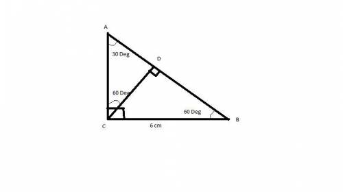 Given:  δавс, m∠acb = 90° cd ⊥  ab , m∠acd = 60°,bc = 6 cm find cd, area of δabc